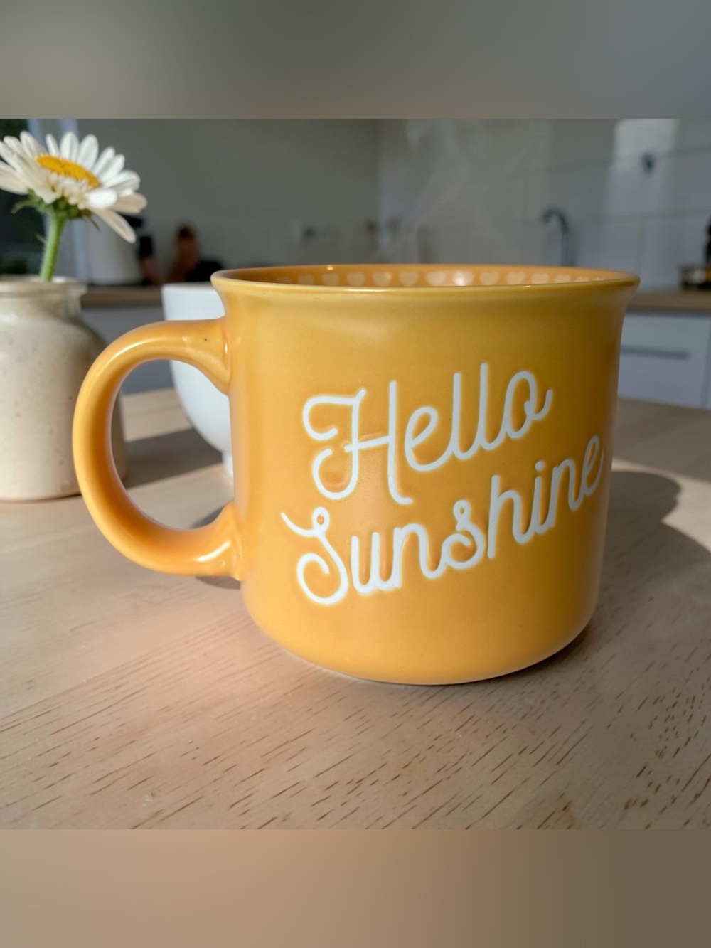 Seeds & Sunshine Large Hello Sunshine Yellow Ceramic Mug with Hearts Inside